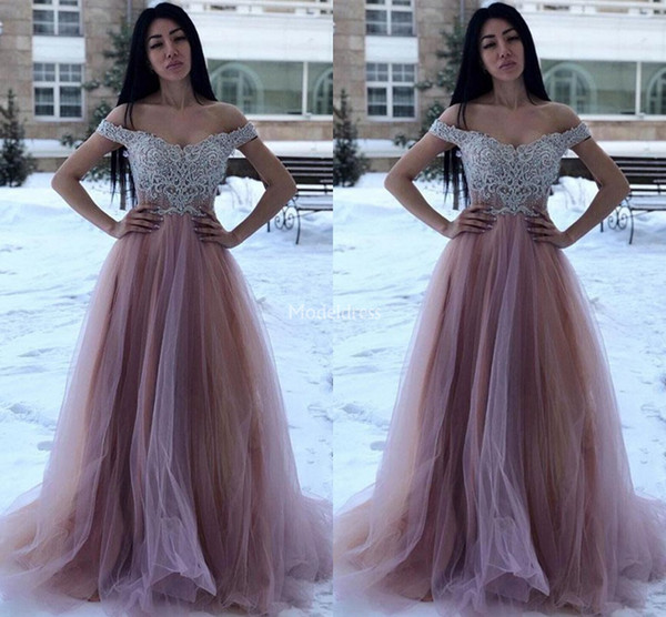 Arabric New Prom Dresses Off Shoulder A Line Appliques Tulle Sweep Train Formal Party Evening Gowns Plus Size Elegant Special Occasion Dress