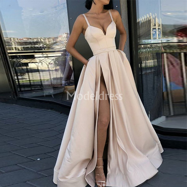 Elegant New Prom Dresses High Side Split Spaghetti Strap Sweep Train Special Occasion Dresses Simple Formal Party Evening Gowns Vestido