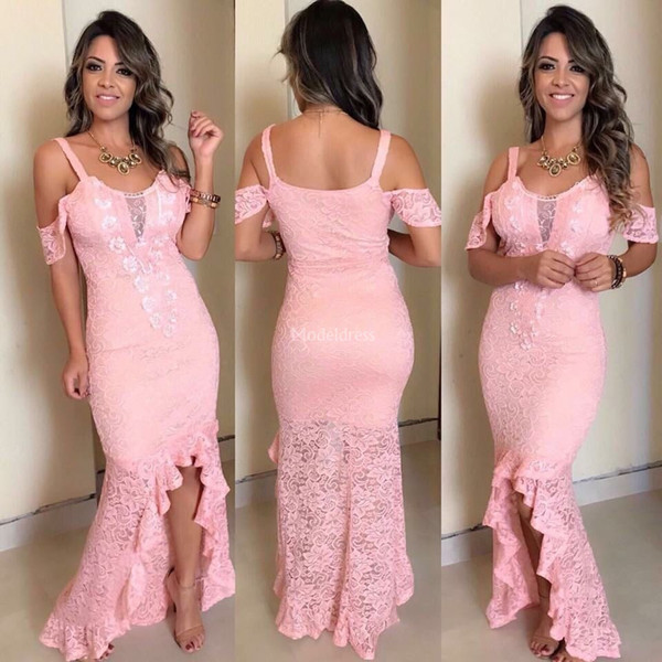 Arabric Pink Lace Mermaid Prom Dresses High Low Illusion Special Occasion Dress Floor Length New Party Evening Gowns Vestidos De Fiesta