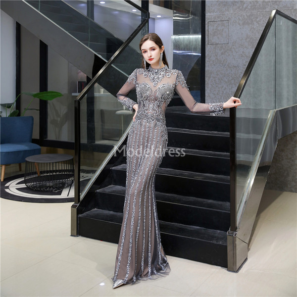 Luxury Sheath Prom Dresses Illusion Long Sleeves Beading Crystals Sweep Train Special Occasion Dresses Formal Party Evening Gowns Vestidos