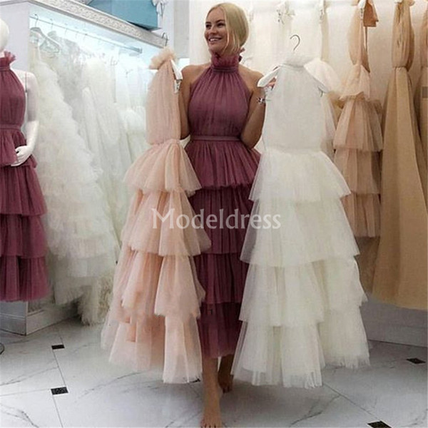 Stylish Tiered Prom Dresses High Neck Tea-Length Tulle Unique Design Formal Party Evening Gowns Elegant Special Occasion Dress Vestidos