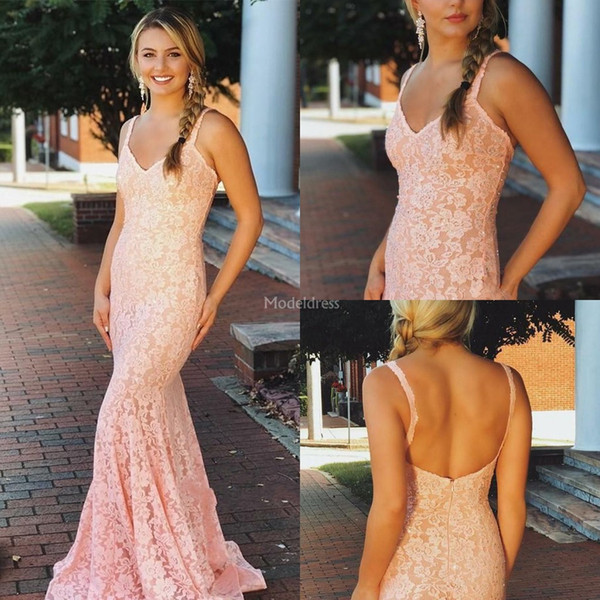 Gorgeous Mermaid Lace Prom Dresses V-Neck Backless Sweep Train New Formal Party Evening Gowns Zipper Special Occasion Dresses Cheap Vestidos