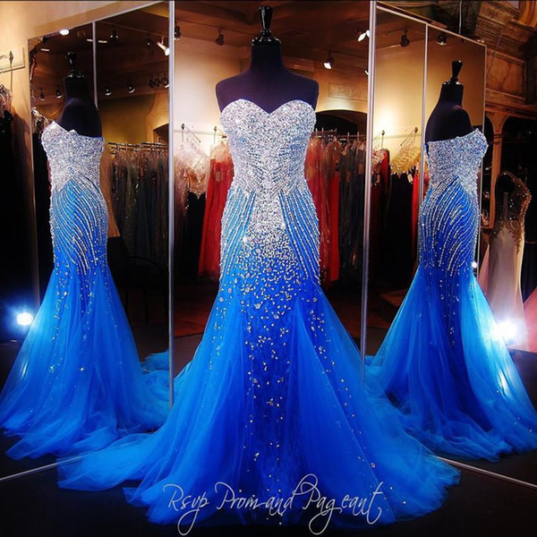 New Royal Blue Luxury Prom Dresses Sweetheart Crystal Major Beading Mermaid Long Runway Evening Party Pageant Gowns For Woman Custom