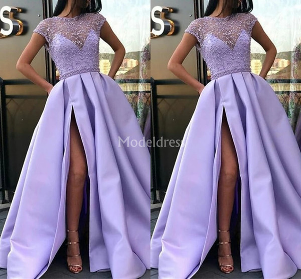 Luxury High Side Split Prom Dresses Jewel Neck Illusion Beads Pleats Sweep Train Formal Party Evening Gowns Special Occasion Dresses Vestido