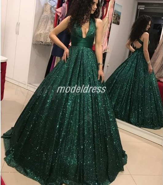 Hunter Green Sparkly Prom Dresses V Neck Criss Cross Straps Sweep Train Sequined Long Formal Evening Party Gowns Special Occasion Dress