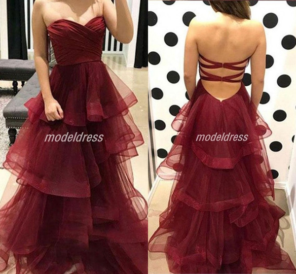 Glamorous Burgundy Prom Dresses Sweet Heart Criss Cross Straps Tiered Draped Long Formal Evening Party Gowns Special Occasion Dress 