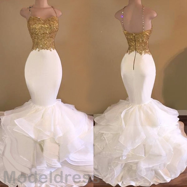 Mermaid Prom Dresses Gold Sequin Spaghetti Straps Organza Sweep Train Backless African Evening 2K18 Party Gowns Custom Made Cheap