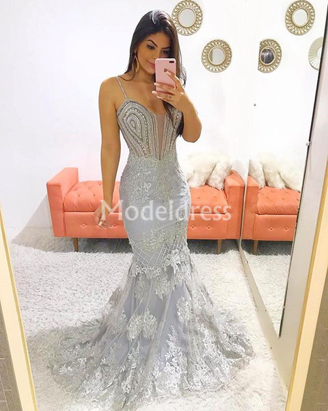 Lace Mermaid Prom Dresses Spaghetti Strap V-Neck Train Sheath Evening Party Gowns Sleeveless Vestidos De Fiesta Sexy Formal Long Gowns