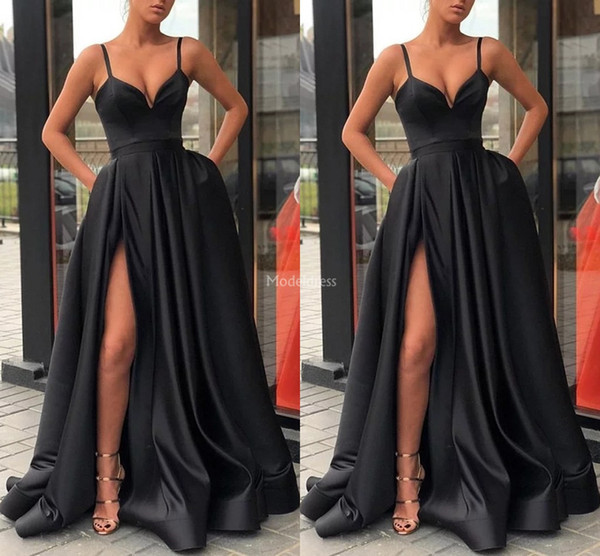 Modern Prom Dresses Deep V-Neck High Side Split Sweep Train A Line Sexy Special Occasion Dresses Simple Cheap Formal Party Evening Gown