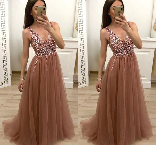 Arabric Sexy Prom Dresses Deep V-Neck Beads Sweep Train Crystals Vestidos De Fiesta A Line Party Evening Gowns Special Occasion Dresses