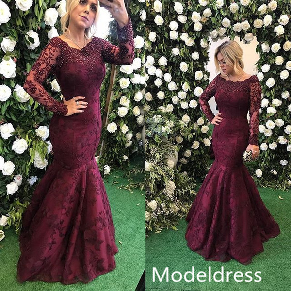 Burgundy Lace Mermaid Prom Dresses Long Sleeve Jewel Beads Long Formal Evening Party Gowns Vestidos De Fiesta Special Occasion Dress