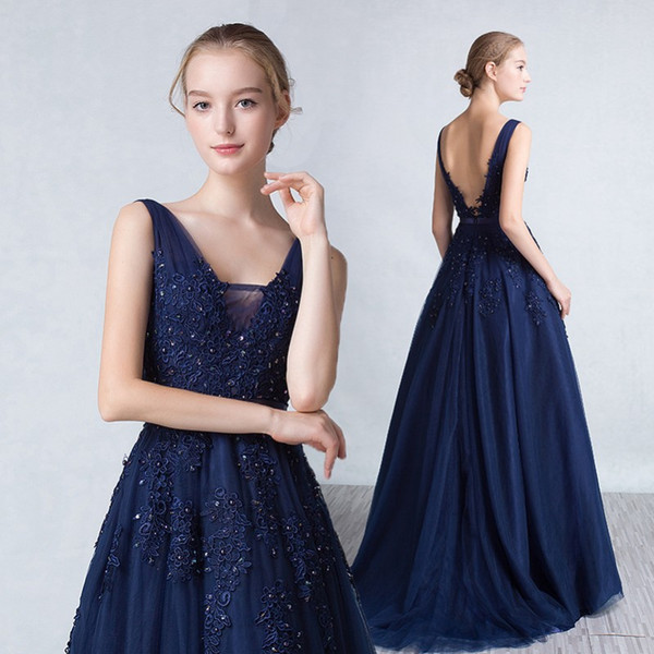 New Real Images Prom Dresses V Neck Appliques Beads Backless Long Navy Blue Special Occasion Dresses Evening Party Gowns Vestidos Cheap