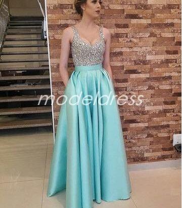 Sage Crystal Prom Dresses Spaghetti Floor Length Major Beading Pockets Long Formal Evening Party Gowns Celebrity Dress