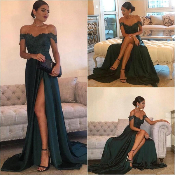 Dark Green Split Prom Dresses Off-the-Shoulder Lace Top Floor Length High Side Chiffon Long Arabic Evening Dress Formal Dress Cheap