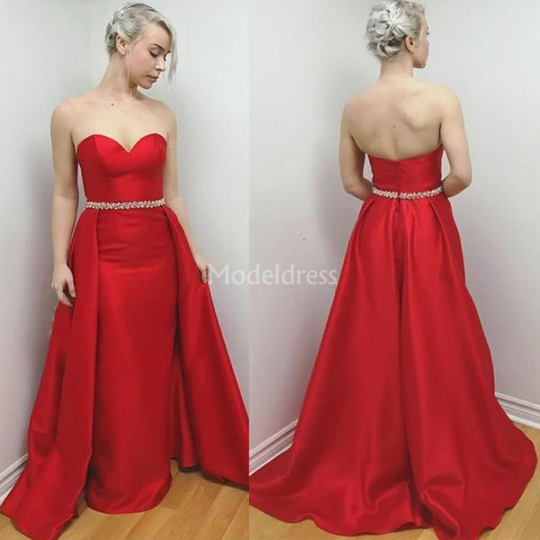 Sexy Red Prom Dresses With Overskirt Strapless Sweep Train Vestidos De Fiesta Fromal Party Evening Gowns Modern Special Occasion Dresses