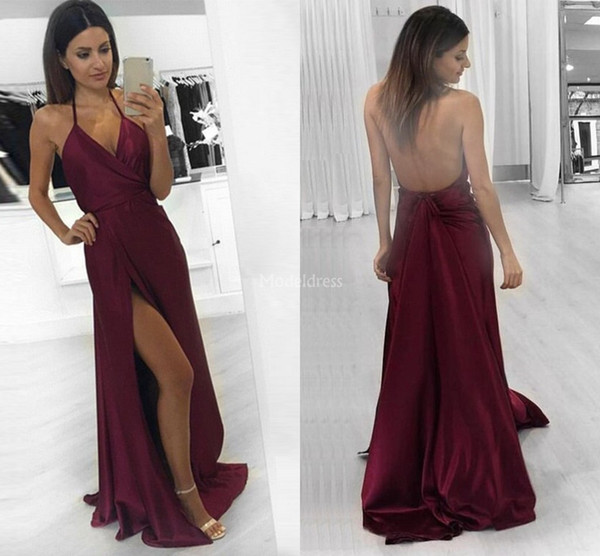 Sexy Burgundy Prom Dresses Halter Backless High Side Split Sweep Train Modern Party Evening Gowns A Line Special Occasion Dress Vestido