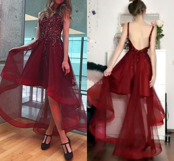 Sexy Prom Dresses Crystals V-Neck Backless High Low Beads Special Occasion Dresses Modern Formal Party Evening Gowns Vestidos De Fiesta
