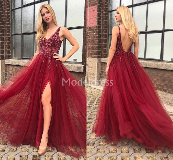 Gorgeous Biling Prom Dresses Deep V-Neck Beaded High Side Split Backless Tulle Formal Party Evening Gowns Stylish Hot Specail Occasion Dress