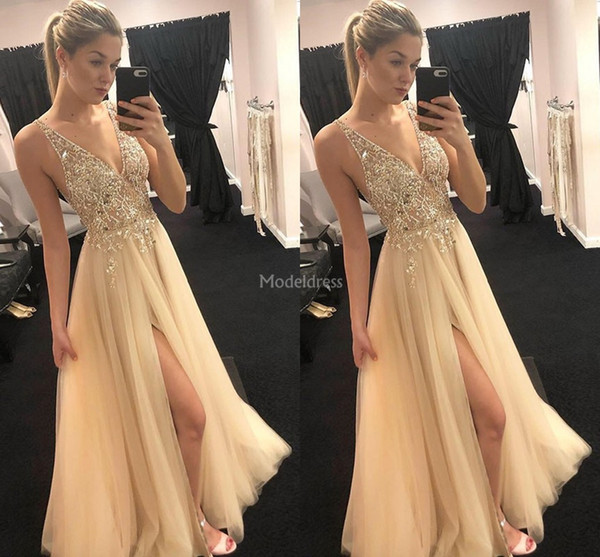 Gorgeous Biling Prom Dresses Sheer Neck High Side Split Tulle Sweep Train Elegant Party Evening Gowns Plus Size Sexy Vestidos De Fiesta