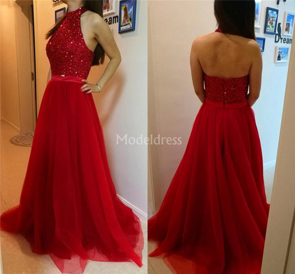 Sexy Red Prom Dresses Halter Beads Backless Sweep Train Tulle Crystals Special Occasion Dresses Vestidos De Fiesta Formal Party Evening Gown