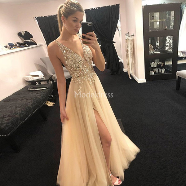 Sexy High Side Split Prom Dresses Deep V-Neck Beads A Line Sweep Train Tulle Crystals Formal Party Evening Gowns Vestidos De Fiesta Custom