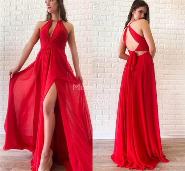 Sexy High Split Red Prom Dresses Jewel Neck Open Back Chiffon Sweep Train Formal Party Evening Gowns Cheap Special Occasion Dresses Vestidos