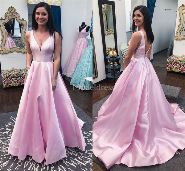 Elegant Pink Prom Dresses Deep V-Neck Backless Sweep Train Formal Party Evening Gowns Sexy Special Occasion Dresses Cheap Vestidos De Fiesta