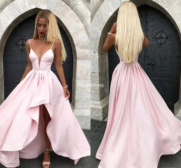 Sexy Pink High-Low Prom Dresses Spaghetti Pleats A Line Formal Party Evening Gowns Cheap Special Occasion Dresses Vestidos De Fiesta