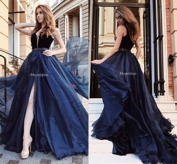 Latest Navy Blue High Side Split Prom Dresses Deep V-Neck A Line Sweep Train Sexy Special Occasion Dresses Formal Party Evening Gown Vestido