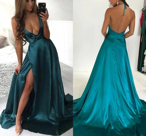 Sexy Prom Dresses Halter Backless High Side Split A Line Sweep Train Hot Formal Party Evening Gowns Plus Size Special Occasion Dress Vestido