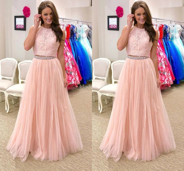 Stylish Lace Two Pieces Prom Dresses Beads Tulle Sweep Train Elegant Formal Party Evening Gowns Modern Special Occasion Dress Cheap Vestidos