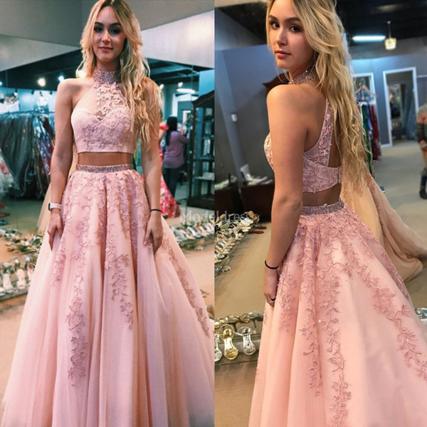 New Charming Two Pieces Prom Dresses Appliques Beads Sweep Train Open Back Modern Vestidos De Fiesta Gorgeous Formal Party Evening Gown