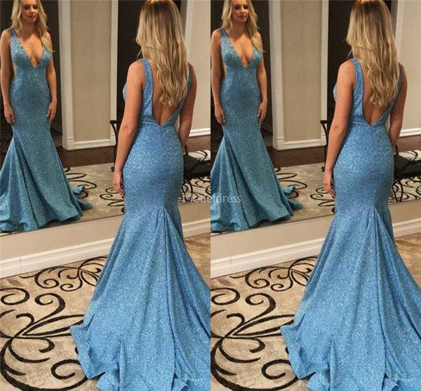 Elegant Biling Mermaid Prom Dresses Deep V-Neck Backless Sweep Train Special Occasion Dresses Sparkly Modern Formal Party Evening Gowns