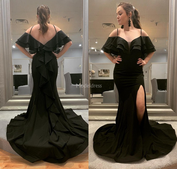 Unique Design Black Mermaid Prom Dresses Spaghetti Strap High Side Split Formal Party Evening Gowns Ruffles Backless Vestidos De Fiesta