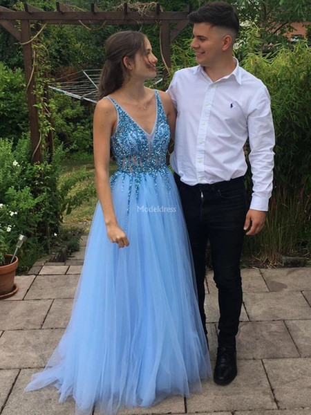 New Arrival Sky Blue Prom Dresses Deep V-Neck Beads Sweep Train Crystals Tulle Illusion Formal Party Evening Gowns A Line Vestidos De Fiesta