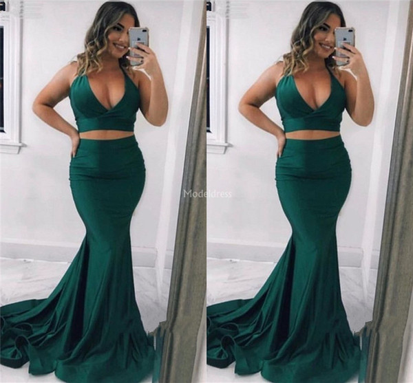 Sexy Mermaid Two Pieces Prom Dresses Deep V-Neck Sweep Train Formal Party Evening Gown Modern Special Occasion Dress Vestidos De Fiesta