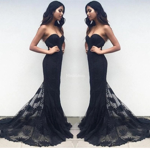 Sexy Lace Mermaid Black Prom Dresses Sweetheart Open Back Sweep Train Modern Formal Party Evening Gowns Newest Special Occasion Dresses