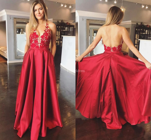 Elegant Prom Dresses Halter Appliques Backless A Line Sweep Train Sexy Special Occasion Dress Modern Formal Party Evening Gown Vestidos