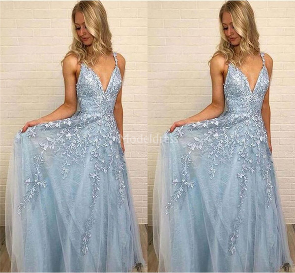 Charming Prom Dresses Deep V-Neck A Line Sweep Train Appliques Sexy Special Occasion Dresses Gorgeous Formal Party Evening Gown Vestido