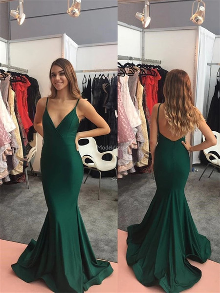 Sexy Mermaid Prom Dresses Deep V-Neck Backless Sweep Train Vestidos De Fiesta Modern Formal Party Evening Gowns Cheap Special Occasion Dress