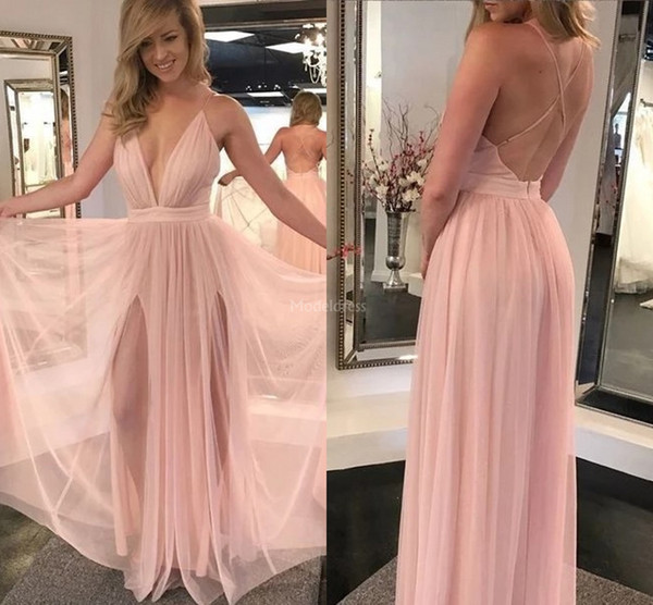 Sexy Pink Prom Dresses Deep V-Neck Open Back Sweep Train Side Split Illusion Hot Formal Party Evening Gown Hot Special Occasion Dresses