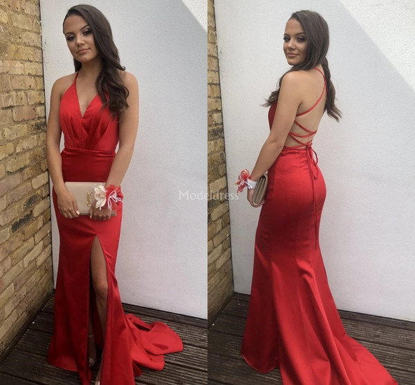 Sexy Red Mermaid Prom Dresses Deep V-Neck High Side Split Sweep Train Open Back Special Occasion Dress Simple Hot Formal Party Evening Gowns