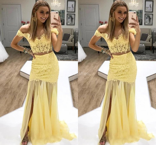 Modern Mermaid Yellow Lace Prom Dresses Off Shoulder Two Piece Sweep Train Formal Party Evening Gowns High Side Split Special Occasion Dress