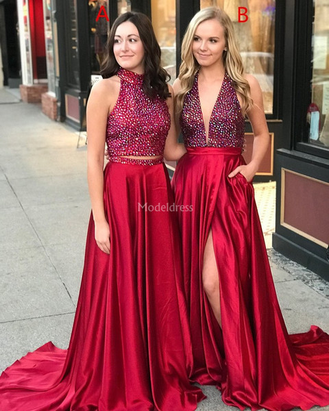 Charming Prom Dresses Two Style Beads High Side Split Sweep Train Formal Party Evening Gowns Elegant Special Occasion Dress Vestidos