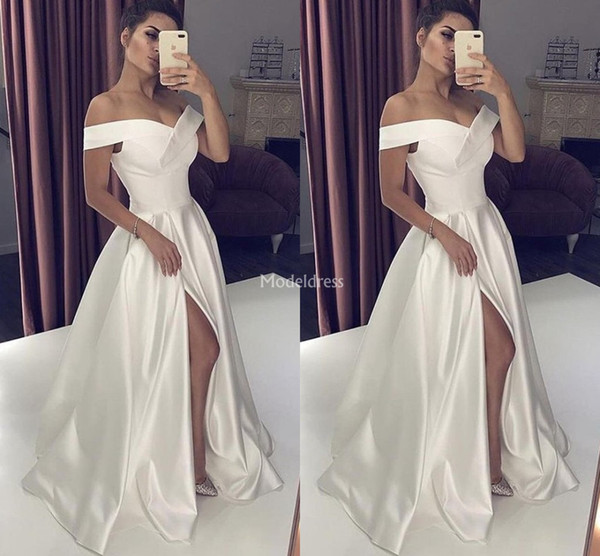 Simple Prom Dresses Off Shoulder High Side Split Sweep Train Sexy Special Occasion Dresses A Line Party Evening Gown Vestidos De Fiesta