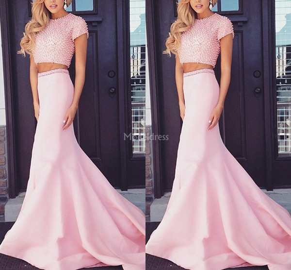 Modern Pink Mermaid Prom Dresses Jewel Neck Pearls Two Pieces Sweep Train Sexy Formal Party Evening Gown Special Occasion Dress Vestido