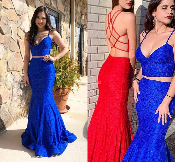 Modern Full Lace Mermaid Royal Blue Prom Dresses Two Pieces Sweep Train Formal Party Evening Gowns Sexy Special Occasion Dress Vestidos