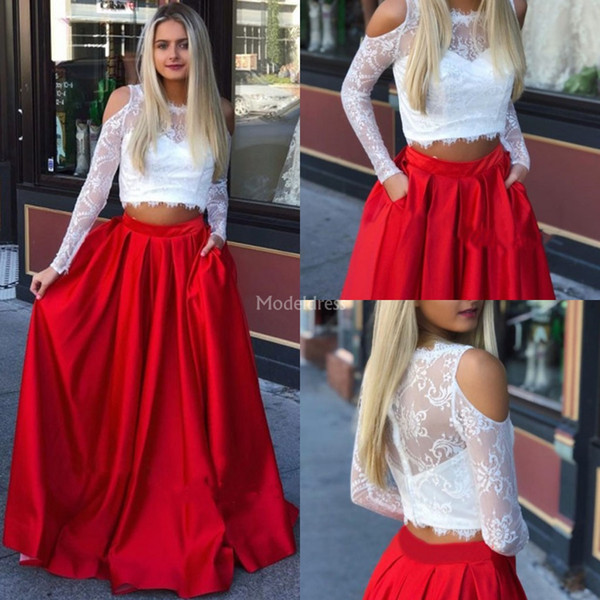 Modern Lace Red Prom Dresses Sheer Neck Illusion Long Sleeves Two Pieces Sweep Train Elegant Formal Party Evening Dresses Vestidos De Fiesta