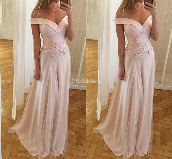 Pink Prom Dresses Off Shoulder A Line Appliques Sweep Train Elegant Formal Party Evening Gowns Modern Special Occasion Dresses Vestidos