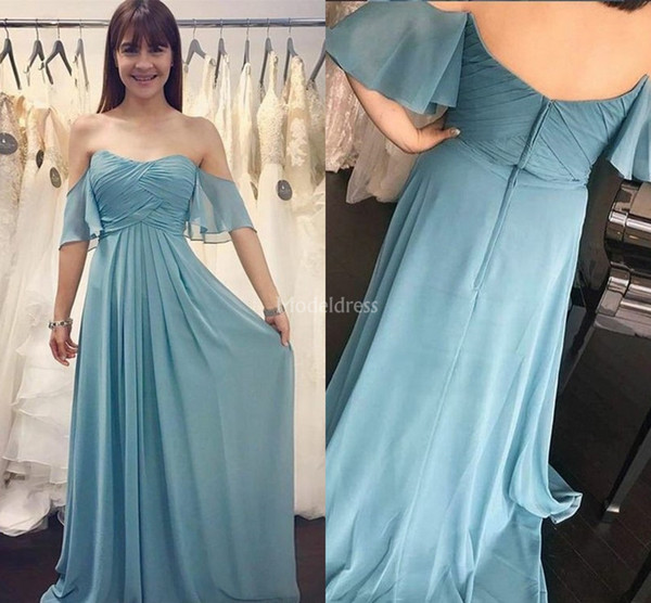 Stylish Prom Dresses Off Shoulder A Line Sweep Train Pleats Chiffon Simple Special Occasion Dresses Solid Cheap Formal Party Prom Gowns